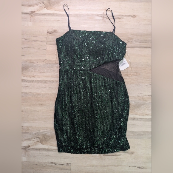 Dark Green Sequin Mini Dress Mesh Cutout Altar'd State Large Nwt - Picture 1 of 3